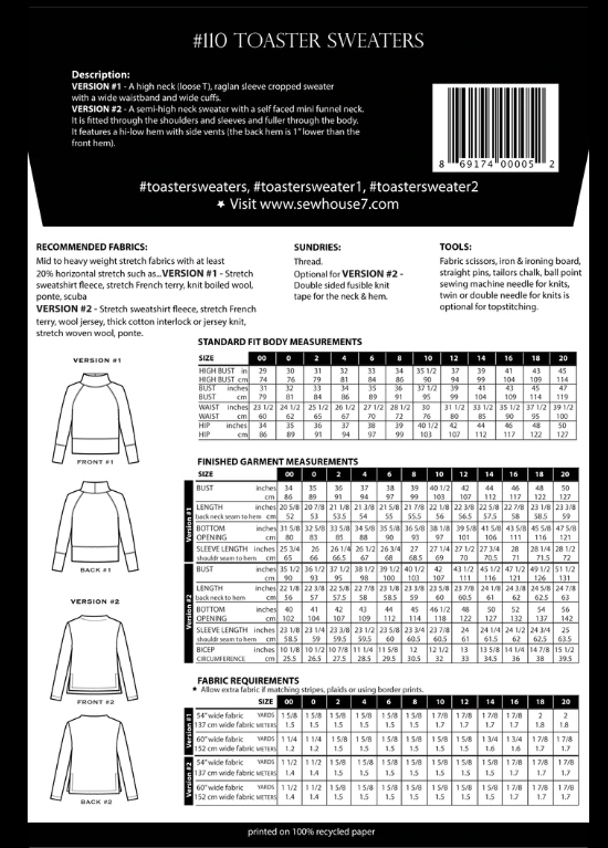 Toaster Sweater 1 & 2 Size 00-20 | Paper Pattern