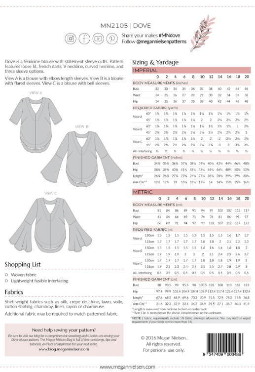 Dove Blouse Size 0-20 | Paper Pattern